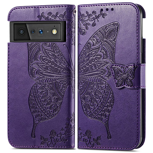 Leather Case Stands Butterfly Flip Cover Holder for Google Pixel 6 5G Purple