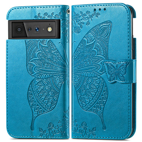 Leather Case Stands Butterfly Flip Cover Holder for Google Pixel 6 Pro 5G Blue