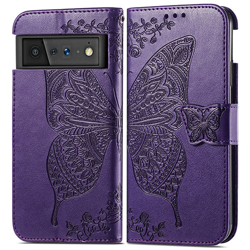 Leather Case Stands Butterfly Flip Cover Holder for Google Pixel 6 Pro 5G Purple