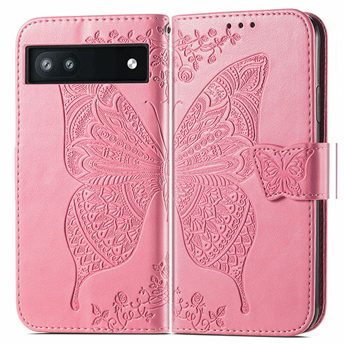 Leather Case Stands Butterfly Flip Cover Holder for Google Pixel 6a 5G Hot Pink