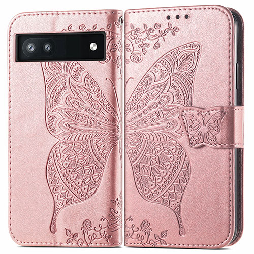 Leather Case Stands Butterfly Flip Cover Holder for Google Pixel 6a 5G Rose Gold