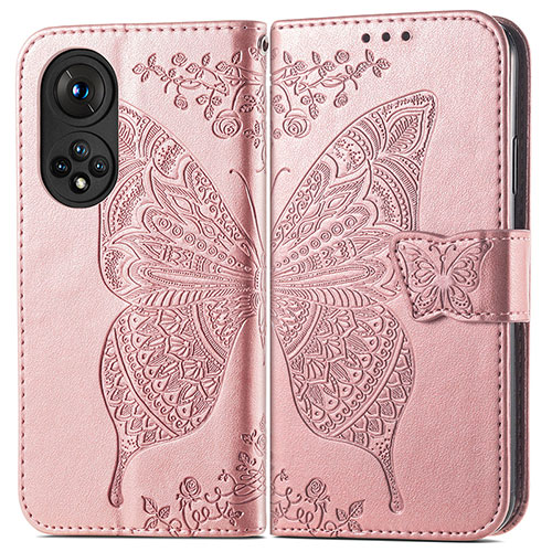 Leather Case Stands Butterfly Flip Cover Holder for Huawei Honor 50 5G Rose Gold