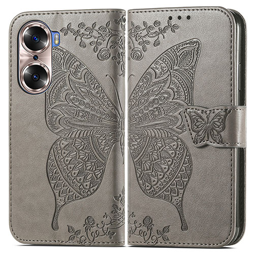 Leather Case Stands Butterfly Flip Cover Holder for Huawei Honor 60 5G Gray