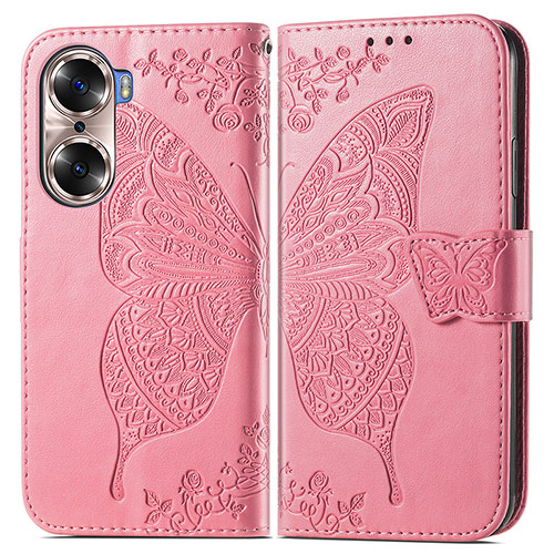 Leather Case Stands Butterfly Flip Cover Holder for Huawei Honor 60 Pro 5G Hot Pink