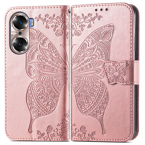 Leather Case Stands Butterfly Flip Cover Holder for Huawei Honor 60 Pro 5G Rose Gold