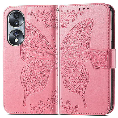 Leather Case Stands Butterfly Flip Cover Holder for Huawei Honor 70 5G Hot Pink