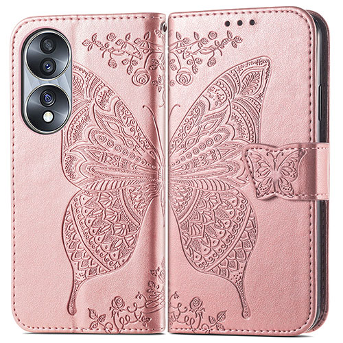 Leather Case Stands Butterfly Flip Cover Holder for Huawei Honor 70 5G Rose Gold