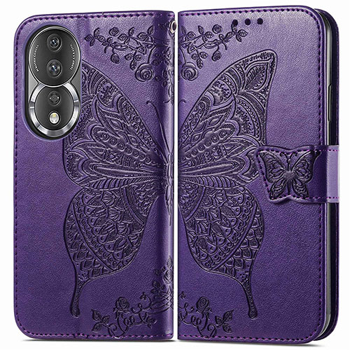 Leather Case Stands Butterfly Flip Cover Holder for Huawei Honor 80 5G Purple