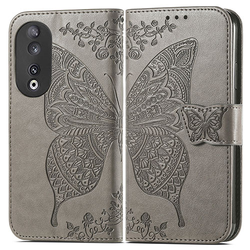 Leather Case Stands Butterfly Flip Cover Holder for Huawei Honor 90 5G Gray