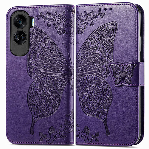 Leather Case Stands Butterfly Flip Cover Holder for Huawei Honor 90 Lite 5G Purple