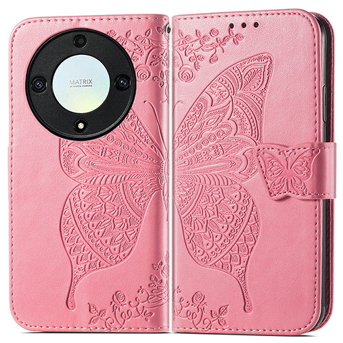 Leather Case Stands Butterfly Flip Cover Holder for Huawei Honor X9a 5G Hot Pink