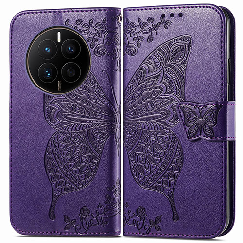 Leather Case Stands Butterfly Flip Cover Holder for Huawei Mate 50 Purple