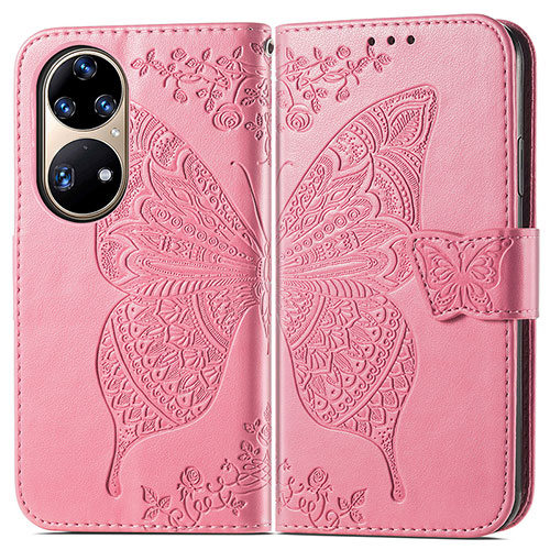 Leather Case Stands Butterfly Flip Cover Holder for Huawei P50 Hot Pink