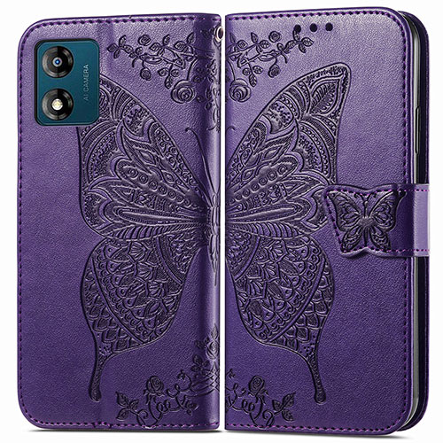 Leather Case Stands Butterfly Flip Cover Holder for Motorola Moto E13 Purple