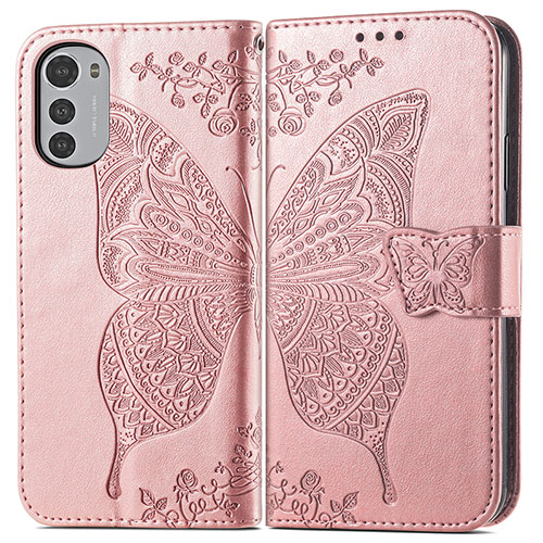 Leather Case Stands Butterfly Flip Cover Holder for Motorola Moto E32 Pink