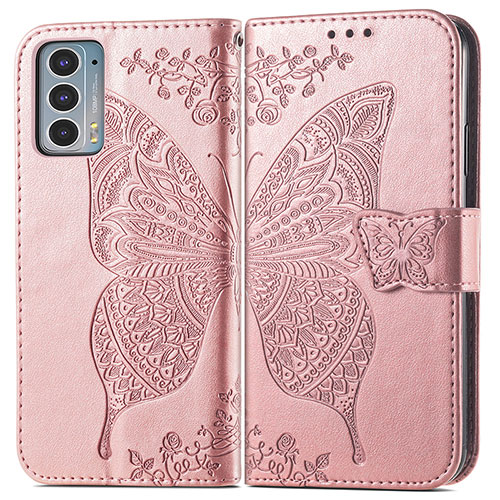 Leather Case Stands Butterfly Flip Cover Holder for Motorola Moto Edge 20 5G Pink