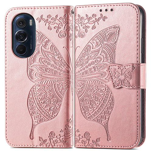 Leather Case Stands Butterfly Flip Cover Holder for Motorola Moto Edge 30 Pro 5G Pink