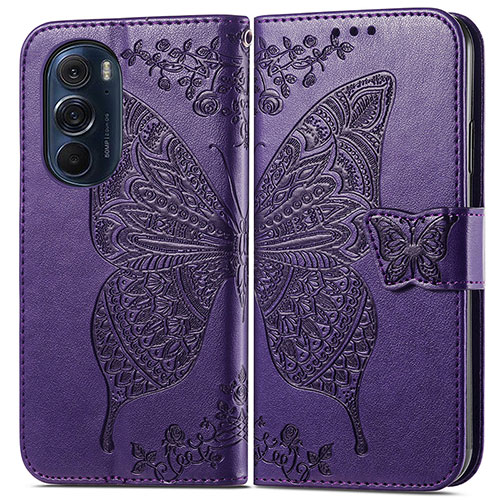 Leather Case Stands Butterfly Flip Cover Holder for Motorola Moto Edge 30 Pro 5G Purple