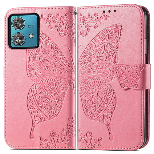 Leather Case Stands Butterfly Flip Cover Holder for Motorola Moto Edge 40 Neo 5G Hot Pink