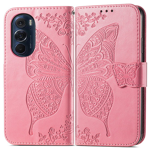 Leather Case Stands Butterfly Flip Cover Holder for Motorola Moto Edge Plus (2022) 5G Hot Pink