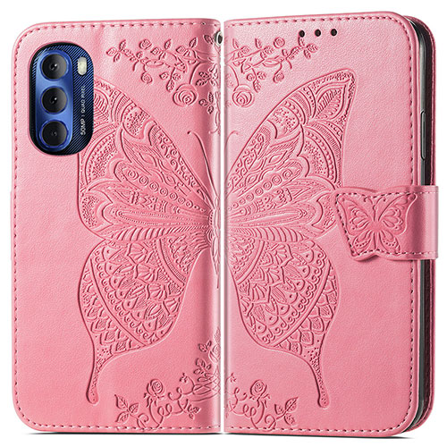 Leather Case Stands Butterfly Flip Cover Holder for Motorola Moto G Stylus (2022) 5G Hot Pink