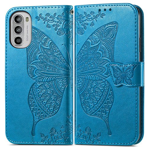 Leather Case Stands Butterfly Flip Cover Holder for Motorola Moto G52j 5G Blue