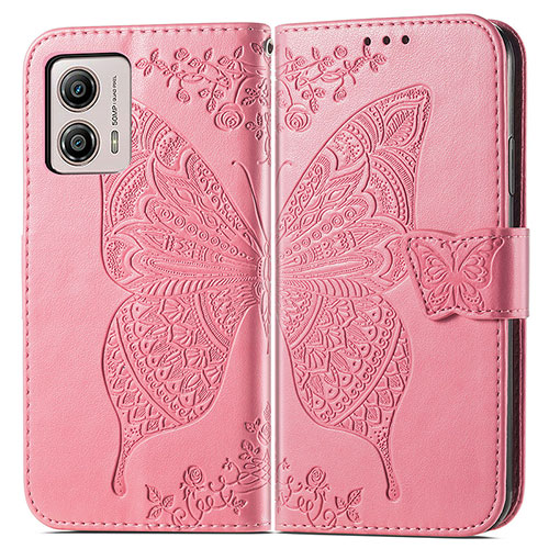 Leather Case Stands Butterfly Flip Cover Holder for Motorola Moto G53 5G Hot Pink