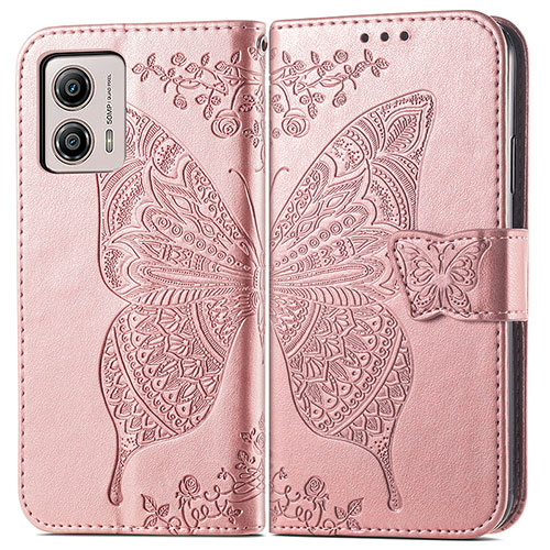 Leather Case Stands Butterfly Flip Cover Holder for Motorola Moto G53 5G Rose Gold