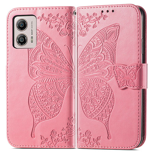 Leather Case Stands Butterfly Flip Cover Holder for Motorola Moto G53j 5G Hot Pink