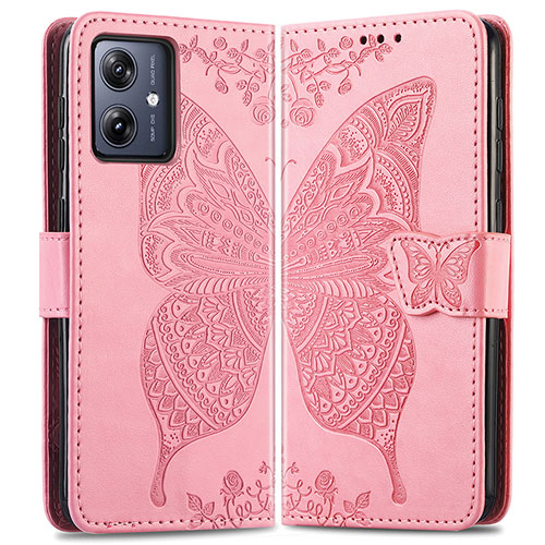 Leather Case Stands Butterfly Flip Cover Holder for Motorola Moto G54 5G Hot Pink