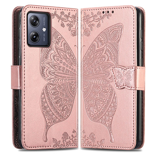 Leather Case Stands Butterfly Flip Cover Holder for Motorola Moto G54 5G Rose Gold