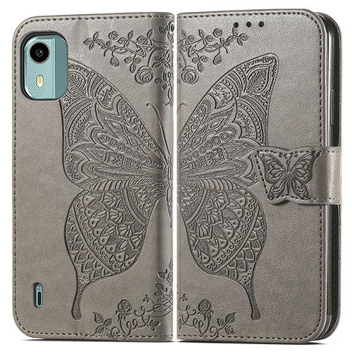 Leather Case Stands Butterfly Flip Cover Holder for Nokia C12 Plus Gray