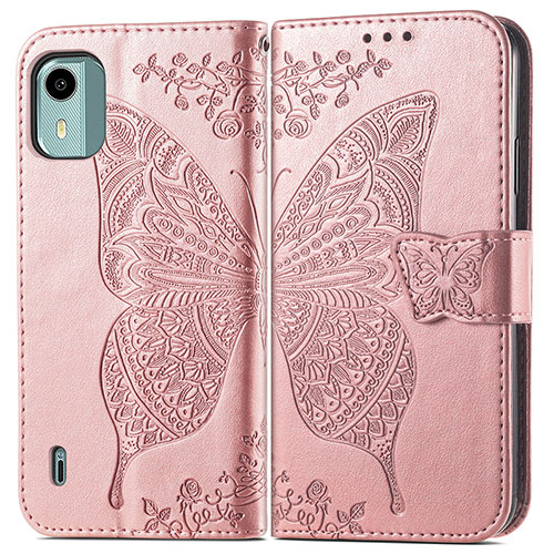 Leather Case Stands Butterfly Flip Cover Holder for Nokia C12 Pro Rose Gold