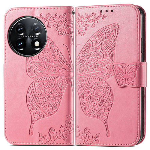 Leather Case Stands Butterfly Flip Cover Holder for OnePlus 11 5G Hot Pink