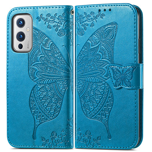 Leather Case Stands Butterfly Flip Cover Holder for OnePlus 9 5G Blue