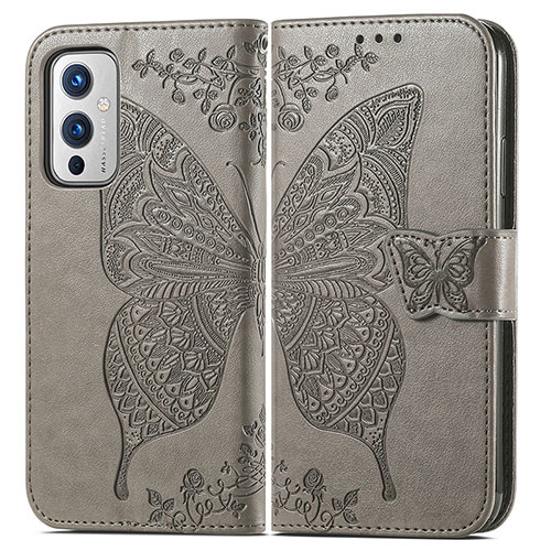 Leather Case Stands Butterfly Flip Cover Holder for OnePlus 9 5G Gray