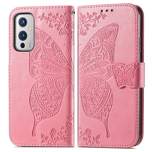 Leather Case Stands Butterfly Flip Cover Holder for OnePlus 9 5G Hot Pink