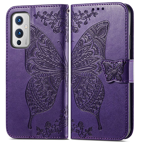 Leather Case Stands Butterfly Flip Cover Holder for OnePlus 9 5G Purple