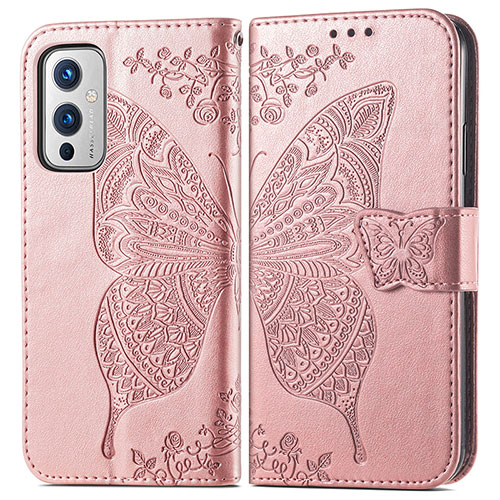 Leather Case Stands Butterfly Flip Cover Holder for OnePlus 9 5G Rose Gold