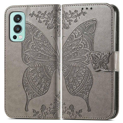 Leather Case Stands Butterfly Flip Cover Holder for OnePlus Nord 2 5G Gray