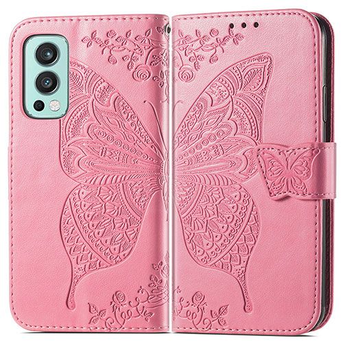 Leather Case Stands Butterfly Flip Cover Holder for OnePlus Nord 2 5G Hot Pink