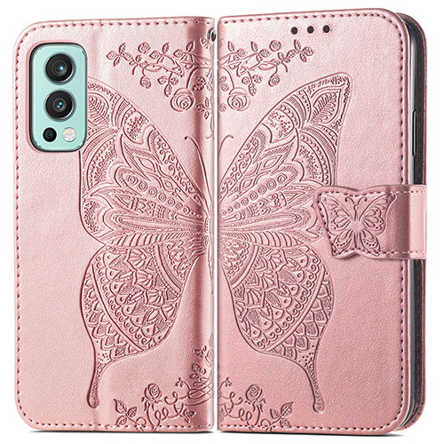 Leather Case Stands Butterfly Flip Cover Holder for OnePlus Nord 2 5G Rose Gold