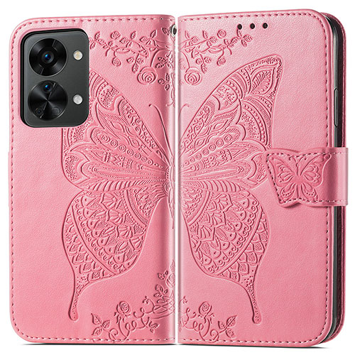 Leather Case Stands Butterfly Flip Cover Holder for OnePlus Nord 2T 5G Hot Pink