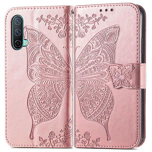 Leather Case Stands Butterfly Flip Cover Holder for OnePlus Nord CE 5G Rose Gold