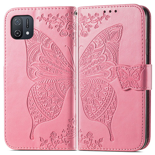 Leather Case Stands Butterfly Flip Cover Holder for Oppo A16K Hot Pink