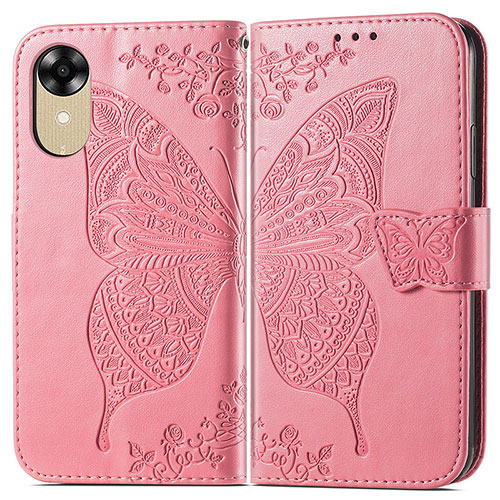 Leather Case Stands Butterfly Flip Cover Holder for Oppo A17K Hot Pink