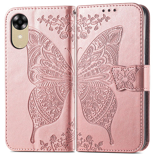 Leather Case Stands Butterfly Flip Cover Holder for Oppo A17K Rose Gold