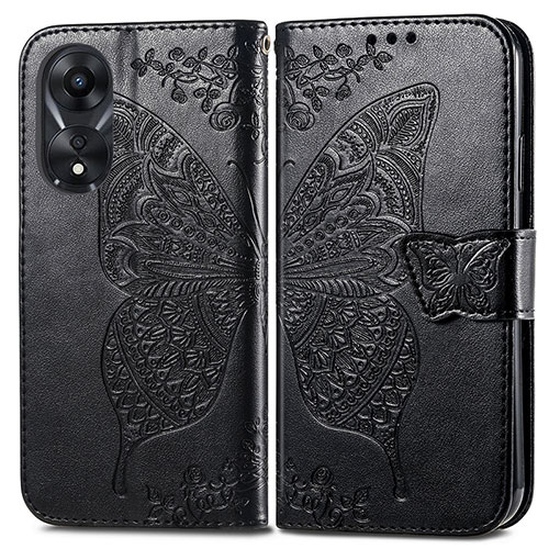 Leather Case Stands Butterfly Flip Cover Holder for Oppo A18 Black