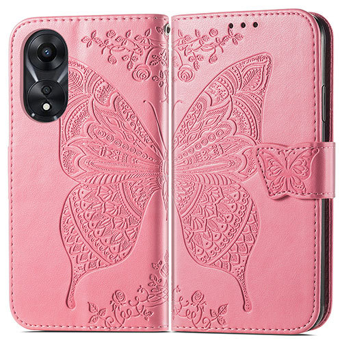 Leather Case Stands Butterfly Flip Cover Holder for Oppo A18 Hot Pink