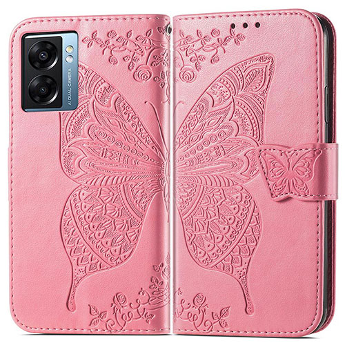 Leather Case Stands Butterfly Flip Cover Holder for Oppo A77 5G Hot Pink